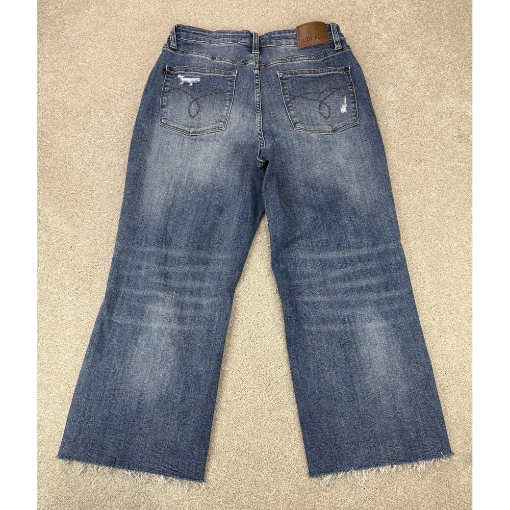 Judy Blue Women's 11/30 Wide Crop Leg Stretch Denim Blue Jeans Distressed - Picture 5 of 8